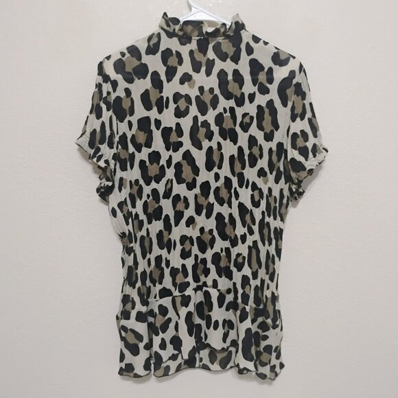 Sunny Leigh Leopard Print Ruffle Blouse Sheer Short Sleeve XL - Picture 4 of 5